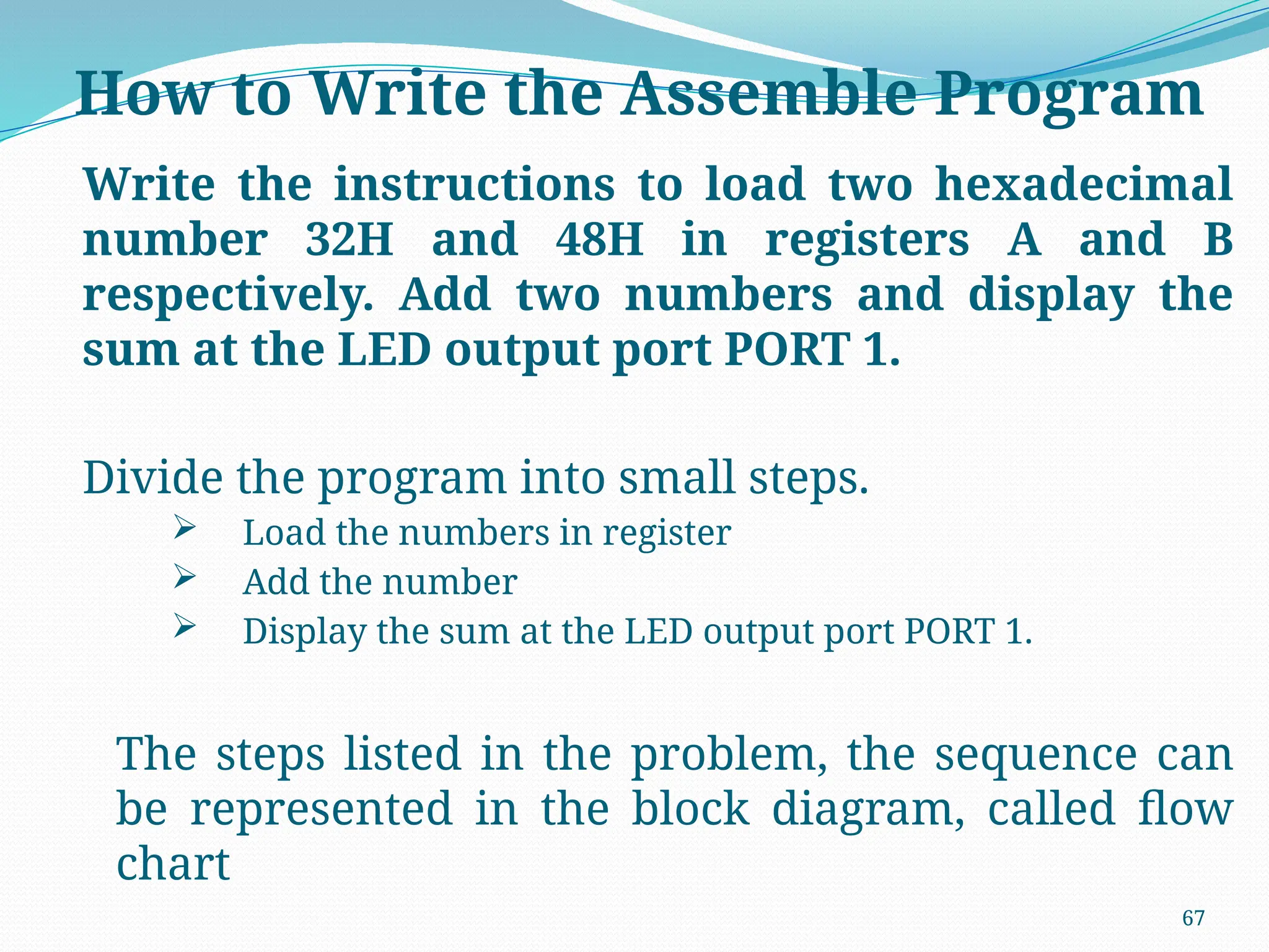 67
How to Write the Assemble Program
Write the instructions to load two hexadecimal
number 32H and 48H in registers A and B
respectively. Add two numbers and display the
sum at the LED output port PORT 1.
Divide the program into small steps.
 Load the numbers in register
 Add the number
 Display the sum at the LED output port PORT 1.
The steps listed in the problem, the sequence can
be represented in the block diagram, called flow
chart
 