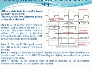 Timing: Transfer of byte from memory to
MPU
How a data byte is transfer from
memory to the MPU.
It shows the five different group
of signals with clock
Step 1: At T1 higher order memory
address 20H is placed on the A15 –
A8 and the lower order memory
address 05H is placed on the bus
AD7-AD0, and ALE signal high. IO/M
goes low(memory related signal).
Step 2: During T2 RD signal is sent
out. RD is active during two clock
periods.
Step 3 : During T3, Memory is enabled then instruction byte 4FH is placed on the
data bus and transferred to MPU. When RD goes high it causes the bus to go into
high impedance state.
Step 4: During T4, the machine code or byte is decoded by the instruction
decoder and content of A is copied into register.
 
