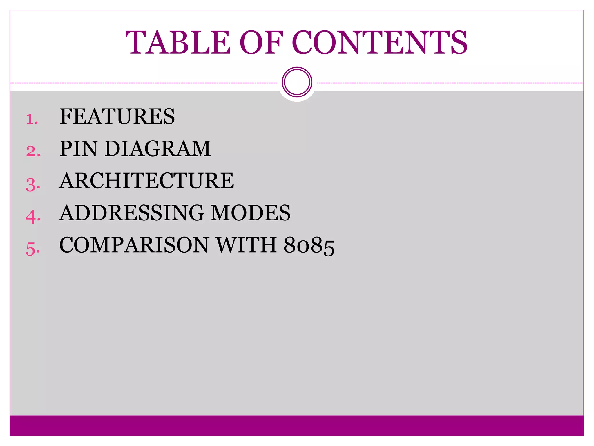 TABLE OF CONTENTS
1. FEATURES
2. PIN DIAGRAM
3. ARCHITECTURE
4. ADDRESSING MODES
5. COMPARISON WITH 8085
 