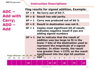Instruction Descriptions
18
8086 Microprocessor
ADC –
Add with
Carry;
ADD –
Add
Flag results for signed addition, Example:
Dheeraj Suri
Flags affected : AF, CF, OF , PF , SF, ZF
15 14 13 12 11 10 9 8 7 6 5 4 3 2 1 0
OF SF ZF AF PF CF
CF = 0 No Carry out of bit 7.
PF = 0 Result has odd parity.
AF = 1 Carry was produced out of bit 3.
ZF = 0 Result in destination was not 0.
SF = 1 Copies most significant bit of result;
indicates negative result if you are
adding signed numbers
OF = 1 Set to indicate that the result of
addition was too large to fit in the
lower 7 bits of the destination used to
represent the magnitude of a signed
number. In other words, the result
was greater than +127D, so the result
overflowed into the sign bit position
and -
 