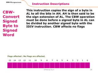 Instruction Descriptions
28
8086 Microprocessor
CBW-
Convert
Signed
Byte to
Signed
Word
This instruction copies the sign of a byte in
AL to all the bits in AH. AH is then said to be
the sign extension of AL. The CBW operation
must be done before a signed byte in AL can
be divided by another signed byte with the
IDIV instruction. CBW affects no flags
Dheeraj Suri
Flags affected : No Flags are affected.
15 14 13 12 11 10 9 8 7 6 5 4 3 2 1 0
 