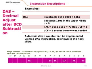 Instruction Descriptions
50
8086 Microprocessor
DAS –
Decimal
Adjust
after BCD
Subtracti
on
Examples:
A decimal down counter can be implemented
using a DAS instruction, as shown in the next
slide.
Dheeraj Suri
Flags affected : DAS instruction updates AF, CF, SF, PF, and ZF. OF is undefined
after the DAS instruction.
15 14 13 12 11 10 9 8 7 6 5 4 3 2 1 0
XX SF ZF AF PF CF
DAS ; Subtracts 0110 0000 (-60h)
; because 1101 in the upper nibble
; > 9
; AL = 0111 0111 = 77 BCD , CF = 1
; CF = 1 means borrow was needed
 