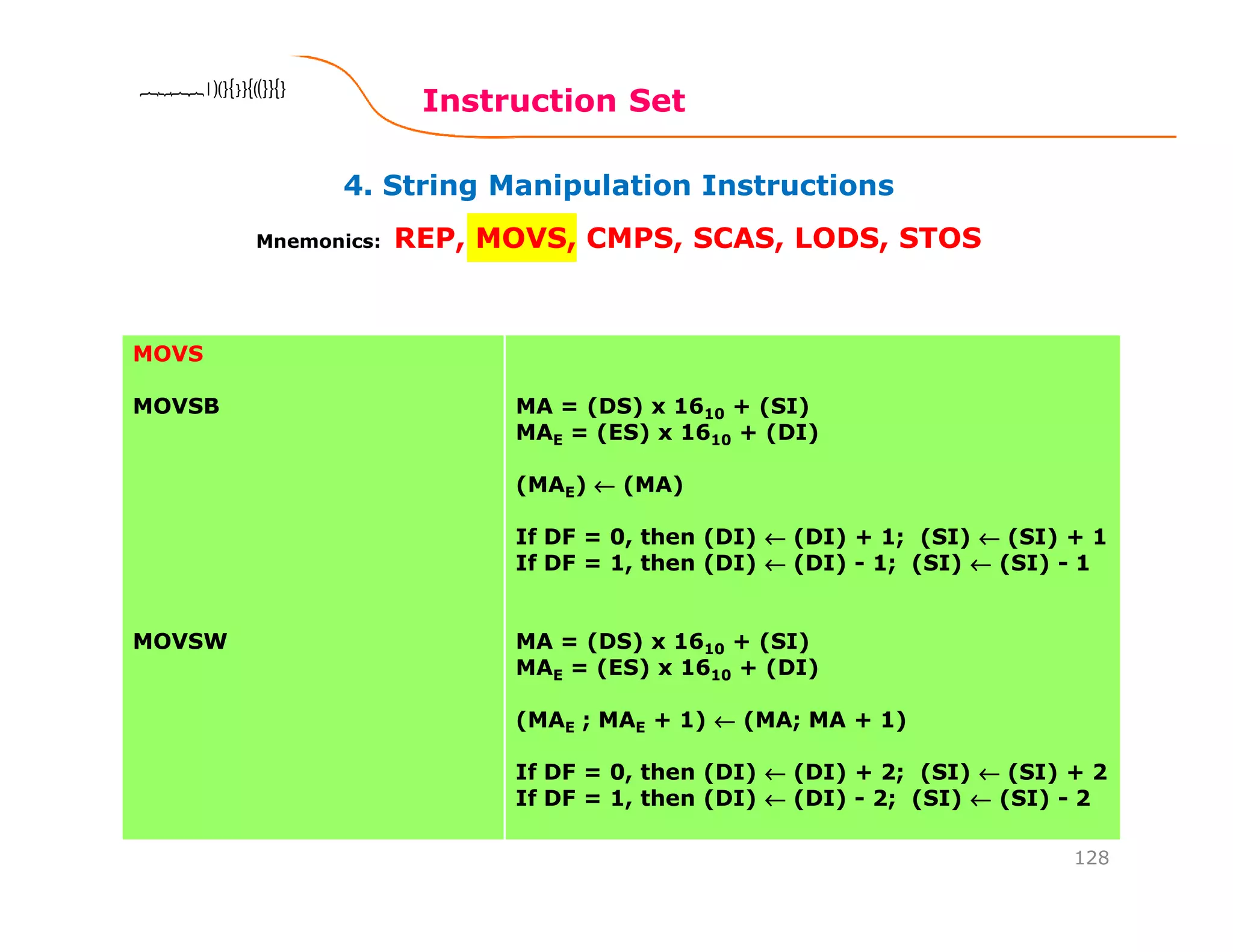 4. String Manipulation Instructions
Instruction Set
128
8086 Microprocessor8086 Microprocessor8086 Microprocessor8086 Microprocessor
Mnemonics: REP, MOVS, CMPS, SCAS, LODS, STOS
MOVS
MOVSB
MOVSW
MA = (DS) x 1610 + (SI)
MAE = (ES) x 1610 + (DI)
(MAE) ←←←← (MA)
If DF = 0, then (DI) ←←←← (DI) + 1; (SI) ←←←← (SI) + 1
If DF = 1, then (DI) ←←←← (DI) - 1; (SI) ←←←← (SI) - 1
MA = (DS) x 1610 + (SI)
MAE = (ES) x 1610 + (DI)
(MAE ; MAE + 1) ←←←← (MA; MA + 1)
If DF = 0, then (DI) ←←←← (DI) + 2; (SI) ←←←← (SI) + 2
If DF = 1, then (DI) ←←←← (DI) - 2; (SI) ←←←← (SI) - 2
 