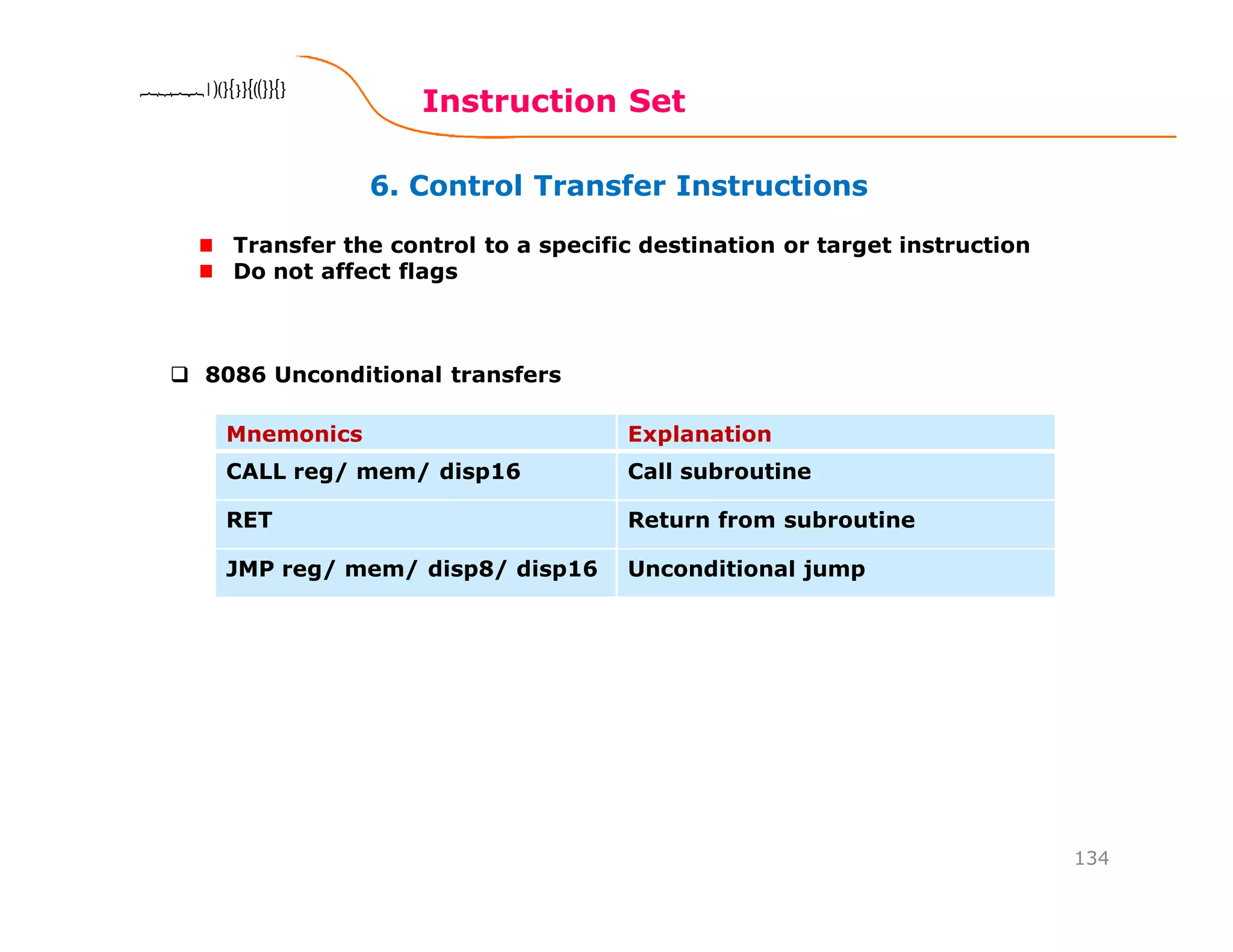 6. Control Transfer Instructions
Instruction Set
134
8086 Microprocessor8086 Microprocessor8086 Microprocessor8086 Microprocessor
Transfer the control to a specific destination or target instruction
Do not affect flags
Mnemonics Explanation
CALL reg/ mem/ disp16 Call subroutine
RET Return from subroutine
JMP reg/ mem/ disp8/ disp16 Unconditional jump
8086 Unconditional transfers
 