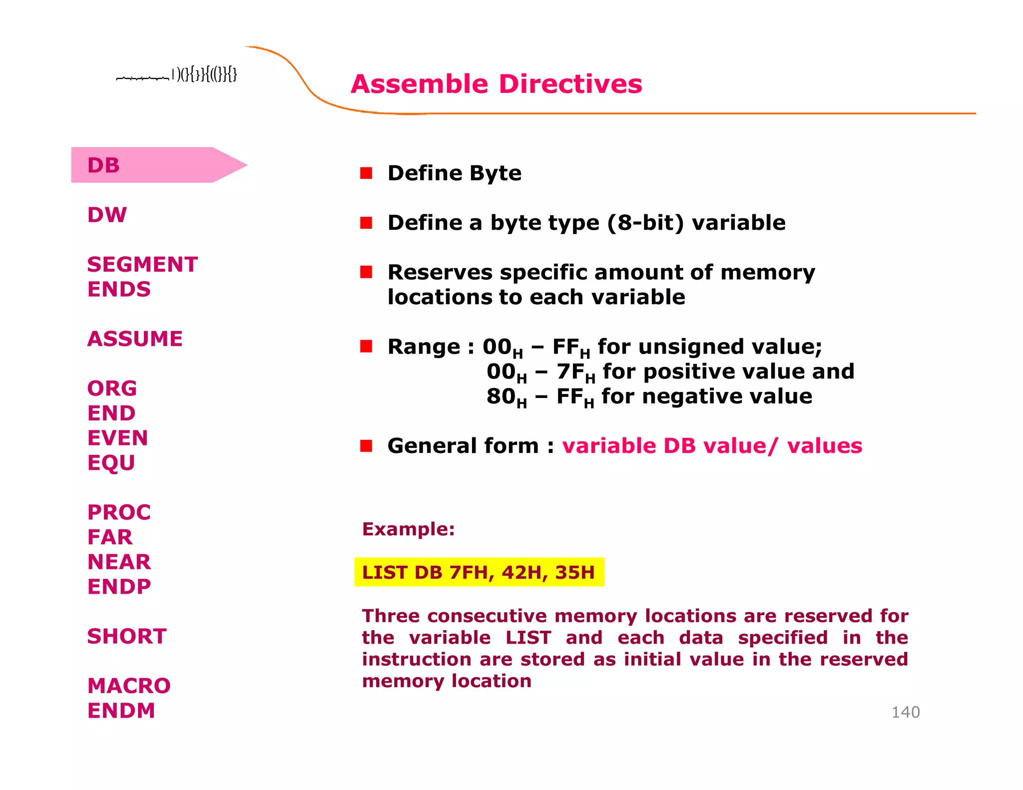 Assemble Directives
140
8086 Microprocessor8086 Microprocessor8086 Microprocessor8086 Microprocessor
Define Byte
Define a byte type (8-bit) variable
Reserves specific amount of memory
locations to each variable
Range : 00H – FFH for unsigned value;
00H – 7FH for positive value and
80H – FFH for negative value
General form : variable DB value/ values
Example:
LIST DB 7FH, 42H, 35H
Three consecutive memory locations are reserved for
the variable LIST and each data specified in the
instruction are stored as initial value in the reserved
memory location
DB
DW
SEGMENT
ENDS
ASSUME
ORG
END
EVEN
EQU
PROC
FAR
NEAR
ENDP
SHORT
MACRO
ENDM
 