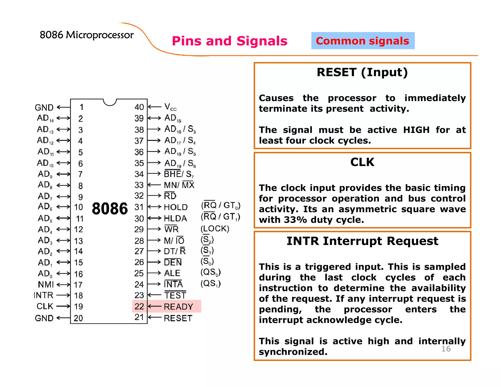 Pins and Signals
8086 Microprocessor8086 Microprocessor8086 Microprocessor8086 Microprocessor
16
Common signals
RESET (Input)
Causes the processor to immediately
terminate its present activity.
The signal must be active HIGH for at
least four clock cycles.
CLK
The clock input provides the basic timing
for processor operation and bus control
activity. Its an asymmetric square wave
with 33% duty cycle.
INTR Interrupt Request
This is a triggered input. This is sampled
during the last clock cycles of each
instruction to determine the availability
of the request. If any interrupt request is
pending, the processor enters the
interrupt acknowledge cycle.
This signal is active high and internally
synchronized.
 