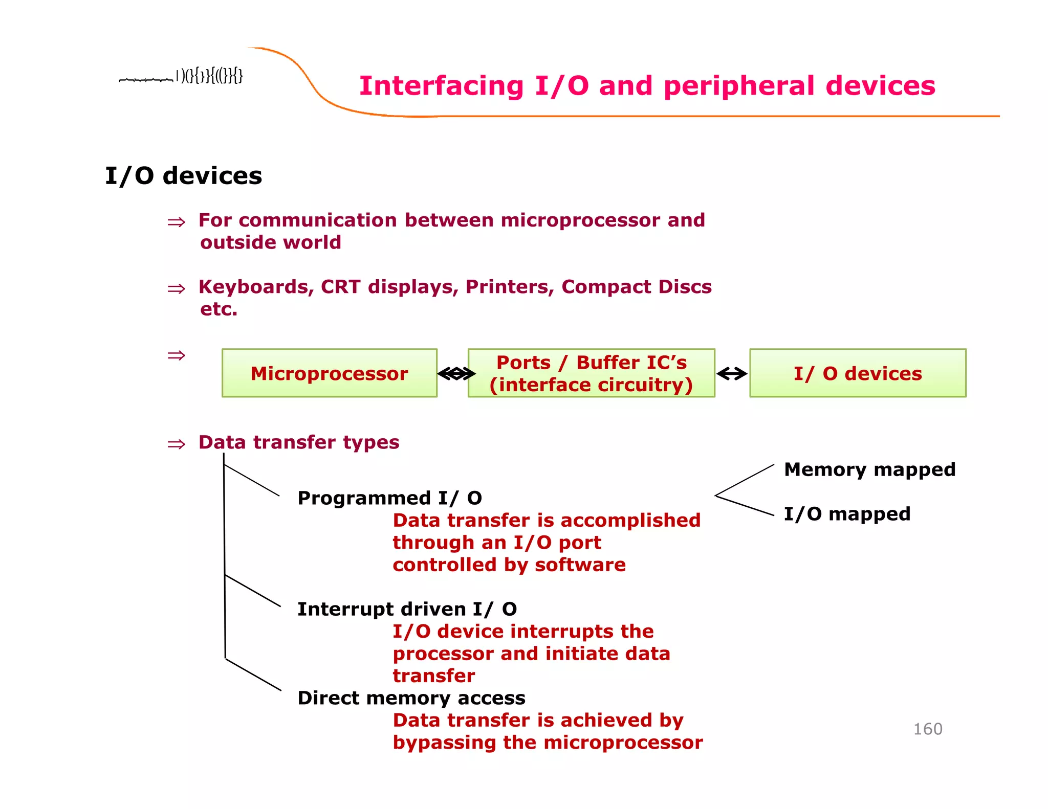 Interfacing I/O and peripheral devices
160
8086 Microprocessor8086 Microprocessor8086 Microprocessor8086 Microprocessor
I/O devices
⇒⇒⇒⇒ For communication between microprocessor and
outside world
⇒⇒⇒⇒ Keyboards, CRT displays, Printers, Compact Discs
etc.
⇒⇒⇒⇒
⇒⇒⇒⇒ Data transfer types
Microprocessor I/ O devices
Ports / Buffer IC’s
(interface circuitry)
Programmed I/ O
Data transfer is accomplished
through an I/O port
controlled by software
Interrupt driven I/ O
I/O device interrupts the
processor and initiate data
transfer
Direct memory access
Data transfer is achieved by
bypassing the microprocessor
Memory mapped
I/O mapped
 