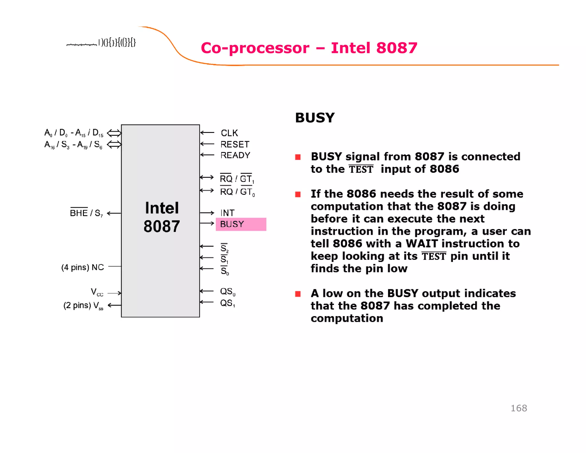 Co-processor – Intel 8087
168
8086 Microprocessor8086 Microprocessor8086 Microprocessor8086 Microprocessor
BUSY
 