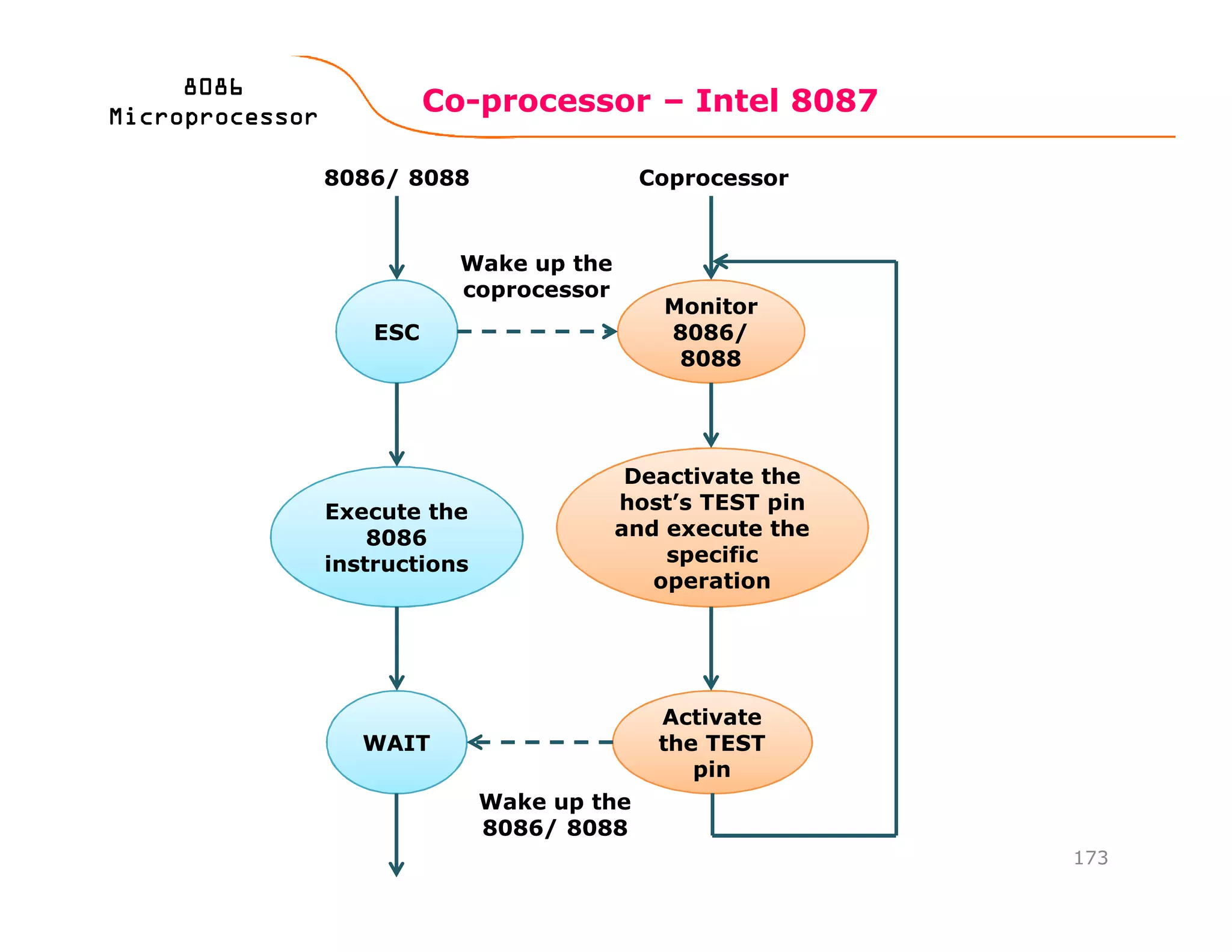 Co-processor – Intel 8087
173
8086808680868086
MicroprocessorMicroprocessorMicroprocessorMicroprocessor
ESC
Execute the
8086
instructions
WAIT
Monitor
8086/
8088
Deactivate theDeactivate the
host’s TEST pin
and execute the
specific
operation
Activate
the TEST
pin
Wake up the
coprocessor
Wake up the
8086/ 8088
8086/ 8088 Coprocessor
 