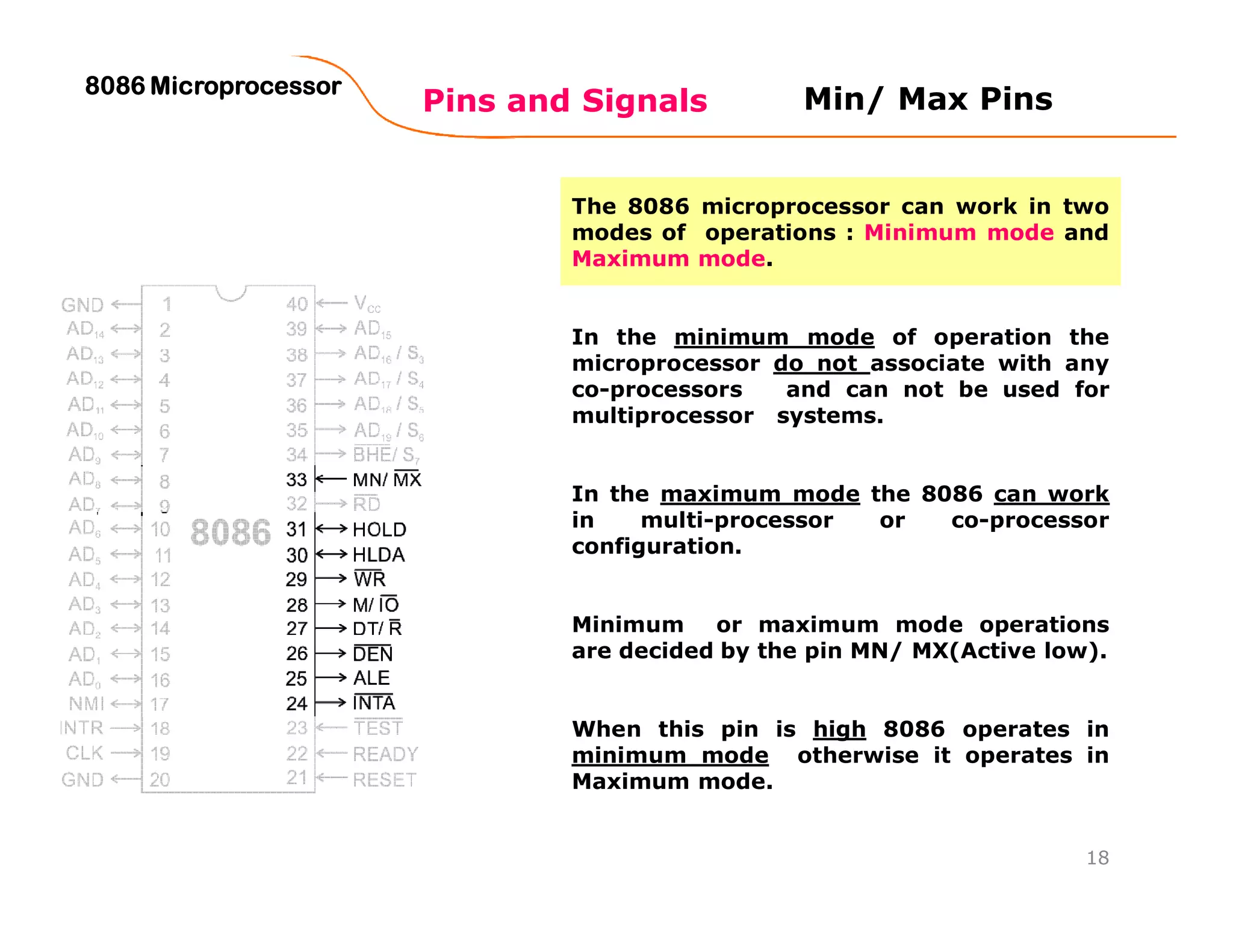 Pins and Signals
8086 Microprocessor8086 Microprocessor8086 Microprocessor8086 Microprocessor
18
Min/ Max Pins
The 8086 microprocessor can work in two
modes of operations : Minimum mode and
Maximum mode.
In the minimum mode of operation the
microprocessor do not associate with any
co-processors and can not be used for
multiprocessor systems.
In the maximum mode the 8086 can work
in multi-processor or co-processor
configuration.
Minimum or maximum mode operations
are decided by the pin MN/ MX(Active low).
When this pin is high 8086 operates in
minimum mode otherwise it operates in
Maximum mode.
 