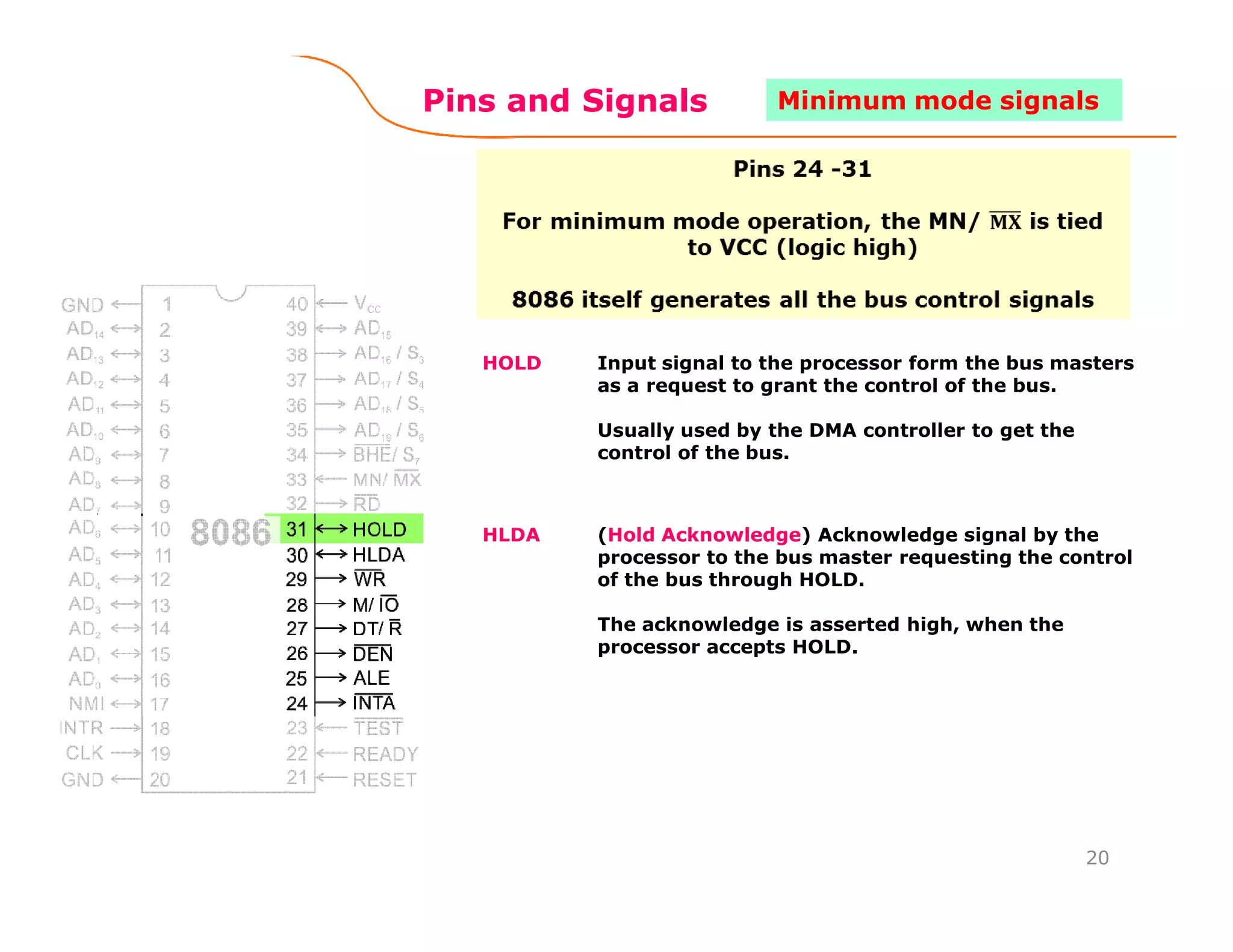 Pins and Signals
HOLD Input signal to the processor form the bus masters
as a request to grant the control of the bus.
Usually used by the DMA controller to get the
control of the bus.
HLDA (Hold Acknowledge) Acknowledge signal by the
processor to the bus master requesting the control
of the bus through HOLD.
The acknowledge is asserted high, when the
processor accepts HOLD.
20
Minimum mode signals
 