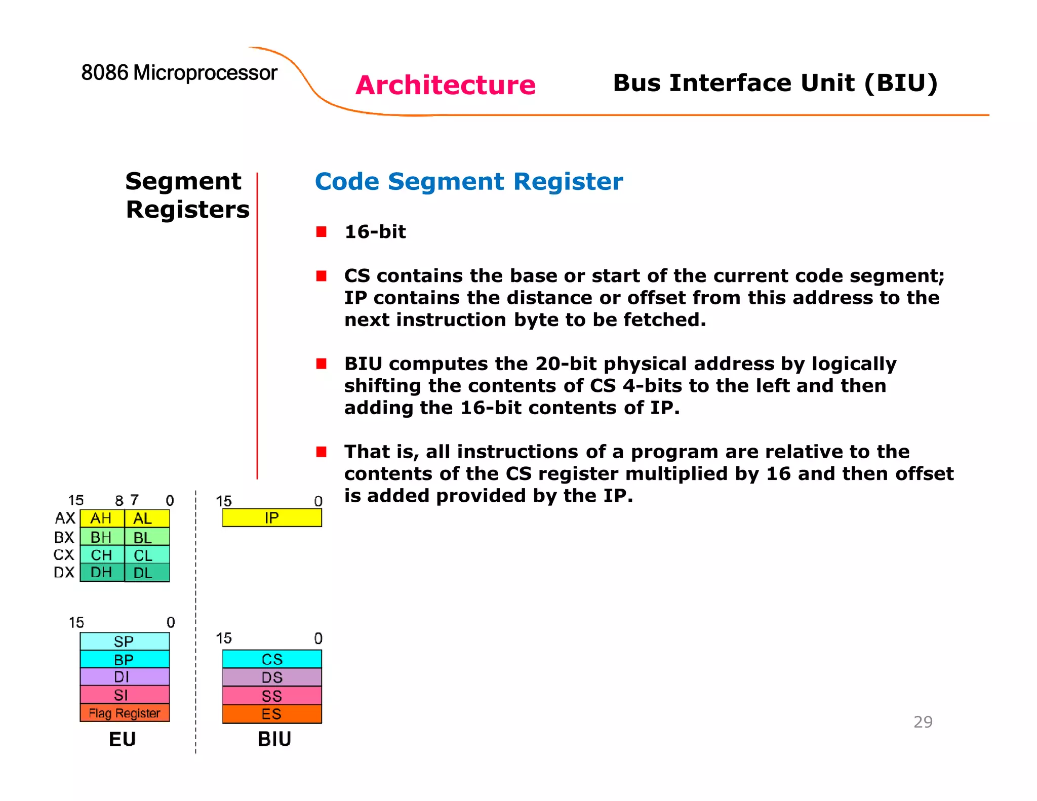 Architecture
8086 Microprocessor8086 Microprocessor8086 Microprocessor8086 Microprocessor
29
Bus Interface Unit (BIU)
Segment
Registers
Code Segment Register
16-bit
CS contains the base or start of the current code segment;
IP contains the distance or offset from this address to the
next instruction byte to be fetched.
BIU computes the 20-bit physical address by logically
shifting the contents of CS 4-bits to the left and then
adding the 16-bit contents of IP.
That is, all instructions of a program are relative to the
contents of the CS register multiplied by 16 and then offset
is added provided by the IP.
 