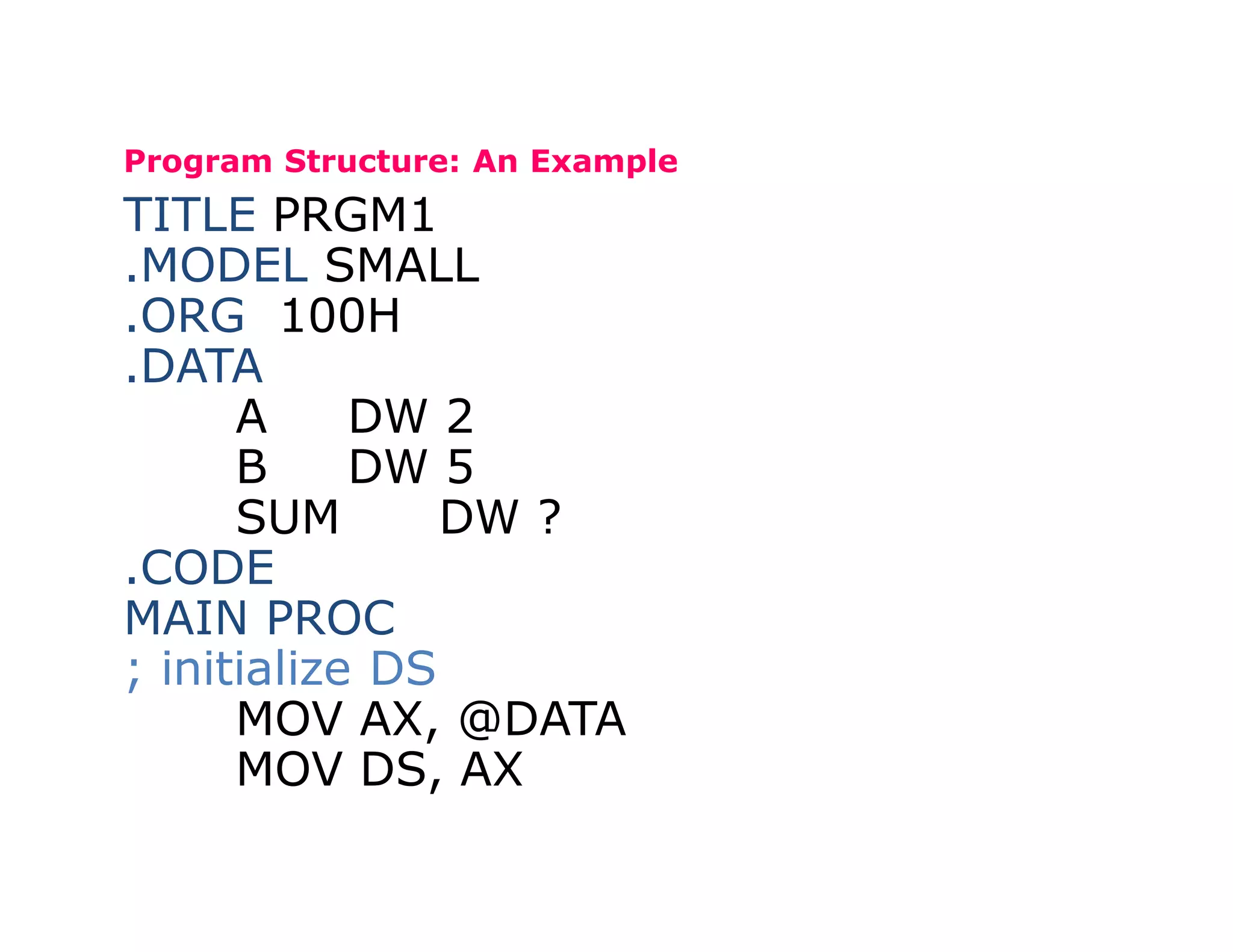 Program Structure: An Example
TITLE PRGM1
.MODEL SMALL
.ORG 100H
.DATA
A DW 2
B DW 5
SUM DW ?
.CODE
MAIN PROC
; initialize DS
MOV AX, @DATA
MOV DS, AX
 