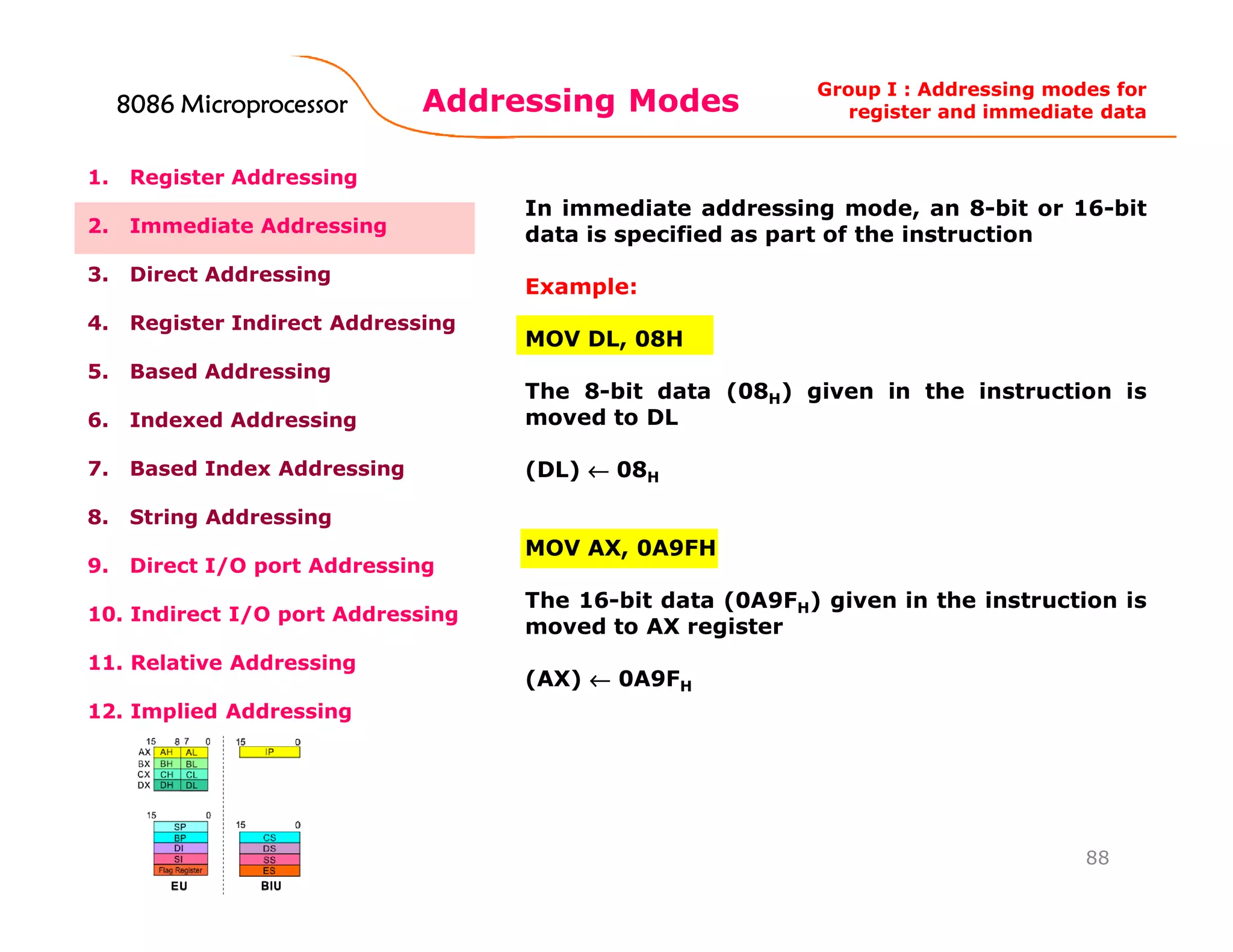 Addressing Modes
88
1. Register Addressing
2. Immediate Addressing
3. Direct Addressing
4. Register Indirect Addressing
5. Based Addressing
6. Indexed Addressing
7. Based Index Addressing
8. String Addressing
9. Direct I/O port Addressing
10. Indirect I/O port Addressing
11. Relative Addressing
12. Implied Addressing
In immediate addressing mode, an 8-bit or 16-bit
data is specified as part of the instruction
Example:
MOV DL, 08H
The 8-bit data (08H) given in the instruction is
moved to DL
(DL) ←←←← 08H
MOV AX, 0A9FH
The 16-bit data (0A9FH) given in the instruction is
moved to AX register
(AX) ←←←← 0A9FH
Group I : Addressing modes for
register and immediate data8086 Microprocessor8086 Microprocessor8086 Microprocessor8086 Microprocessor
 
