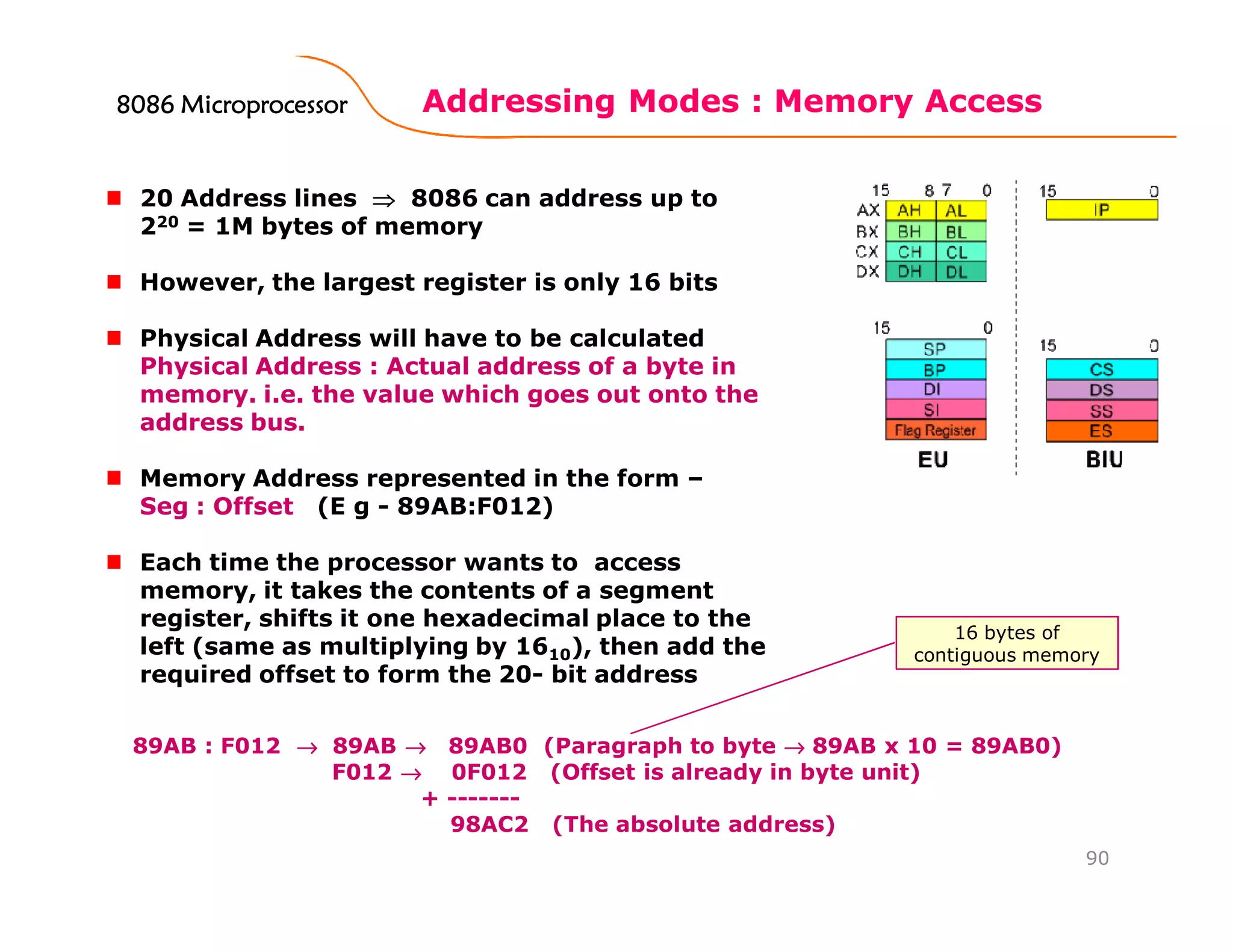 Addressing Modes : Memory Access
90
20 Address lines ⇒⇒⇒⇒ 8086 can address up to
220 = 1M bytes of memory
However, the largest register is only 16 bits
Physical Address will have to be calculated
Physical Address : Actual address of a byte in
memory. i.e. the value which goes out onto the
address bus.
Memory Address represented in the form –
Seg : Offset (E g - 89AB:F012)
Each time the processor wants to access
memory, it takes the contents of a segment
register, shifts it one hexadecimal place to the
left (same as multiplying by 1610), then add the
required offset to form the 20- bit address
89AB : F012 →→→→ 89AB →→→→ 89AB0 (Paragraph to byte →→→→ 89AB x 10 = 89AB0)
F012 →→→→ 0F012 (Offset is already in byte unit)
+ -------
98AC2 (The absolute address)
16 bytes of
contiguous memory
8086 Microprocessor8086 Microprocessor8086 Microprocessor8086 Microprocessor
 
