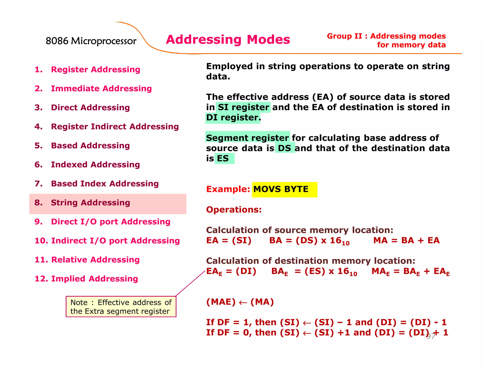Addressing Modes
97
1. Register Addressing
2. Immediate Addressing
3. Direct Addressing
4. Register Indirect Addressing
5. Based Addressing
6. Indexed Addressing
7. Based Index Addressing
8. String Addressing
9. Direct I/O port Addressing
10. Indirect I/O port Addressing
11. Relative Addressing
12. Implied Addressing
Employed in string operations to operate on string
data.
The effective address (EA) of source data is stored
in SI register and the EA of destination is stored in
DI register.
Segment register for calculating base address of
source data is DS and that of the destination data
is ES
Example: MOVS BYTE
Operations:
Calculation of source memory location:
EA = (SI) BA = (DS) x 1610 MA = BA + EA
Calculation of destination memory location:
EAE = (DI) BAE = (ES) x 1610 MAE = BAE + EAE
(MAE) ←←←← (MA)
If DF = 1, then (SI) ←←←← (SI) – 1 and (DI) = (DI) - 1
If DF = 0, then (SI) ←←←← (SI) +1 and (DI) = (DI) + 1
Group II : Addressing modes
for memory data
Note : Effective address of
the Extra segment register
8086 Microprocessor8086 Microprocessor8086 Microprocessor8086 Microprocessor
 