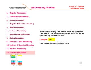 Addressing Modes
100
1. Register Addressing
2. Immediate Addressing
3. Direct Addressing
4. Register Indirect Addressing
5. Based Addressing
6. Indexed Addressing
7. Based Index Addressing
8. String Addressing
9. Direct I/O port Addressing
10. Indirect I/O port Addressing
11. Relative Addressing
12. Implied Addressing
Instructions using this mode have no operands.
The instruction itself will specify the data to be
operated by the instruction.
Example: CLC
This clears the carry flag to zero.
Group IV : Implied
Addressing mode8086 Microprocessor8086 Microprocessor8086 Microprocessor8086 Microprocessor
 