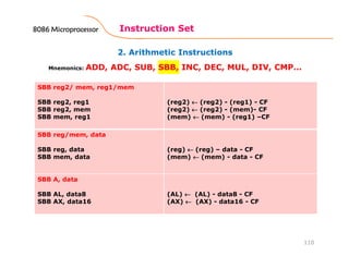 2. Arithmetic Instructions
Instruction Set
110
Mnemonics: ADD, ADC, SUB, SBB, INC, DEC, MUL, DIV, CMP…
SBB reg2/ mem, reg1/mem
SBB reg2, reg1
SBB reg2, mem
SBB mem, reg1
(reg2) ←←←← (reg2) - (reg1) - CF
(reg2) ←←←← (reg2) - (mem)- CF
(mem) ←←←← (mem) - (reg1) –CF
SBB reg/mem, data
SBB reg, data
SBB mem, data
(reg) ←←←← (reg) – data - CF
(mem) ←←←← (mem) - data - CF
SBB A, data
SBB AL, data8
SBB AX, data16
(AL) ←←←← (AL) - data8 - CF
(AX) ←←←← (AX) - data16 - CF
8086 Microprocessor8086 Microprocessor8086 Microprocessor8086 Microprocessor
 