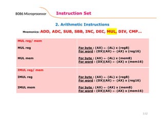 2. Arithmetic Instructions
Instruction Set
112
Mnemonics: ADD, ADC, SUB, SBB, INC, DEC, MUL, DIV, CMP…
MUL reg/ mem
MUL reg
MUL mem
For byte : (AX) ←←←← (AL) x (reg8)
For word : (DX)(AX) ←←←← (AX) x (reg16)
For byte : (AX) ←←←← (AL) x (mem8)
For word : (DX)(AX) ←←←← (AX) x (mem16)
IMUL reg/ mem
IMUL reg
IMUL mem
For byte : (AX) ←←←← (AL) x (reg8)
For word : (DX)(AX) ←←←← (AX) x (reg16)
For byte : (AX) ←←←← (AX) x (mem8)
For word : (DX)(AX) ←←←← (AX) x (mem16)
8086 Microprocessor8086 Microprocessor8086 Microprocessor8086 Microprocessor
 