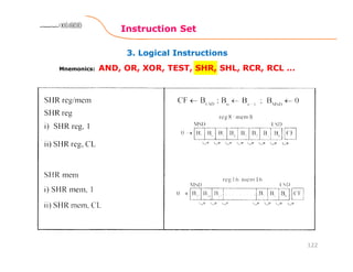3. Logical Instructions
Instruction Set
122
8086 Microprocessor8086 Microprocessor8086 Microprocessor8086 Microprocessor
Mnemonics: AND, OR, XOR, TEST, SHR, SHL, RCR, RCL …
 