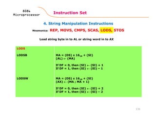 4. String Manipulation Instructions
Instruction Set
131
8086808680868086
MicroprocessorMicroprocessorMicroprocessorMicroprocessor
Mnemonics: REP, MOVS, CMPS, SCAS, LODS, STOS
LODS
LODSB
LODSW
MA = (DS) x 1610 + (SI)
(AL) ←←←← (MA)
If DF = 0, then (SI) ←←←← (SI) + 1
If DF = 1, then (SI) ←←←← (SI) – 1
MA = (DS) x 1610 + (SI)
(AX) ←←←← (MA ; MA + 1)
If DF = 0, then (SI) ←←←← (SI) + 2
If DF = 1, then (SI) ←←←← (SI) – 2
Load string byte in to AL or string word in to AX
 