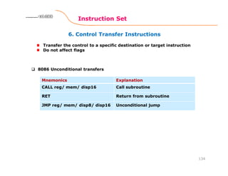6. Control Transfer Instructions
Instruction Set
134
8086 Microprocessor8086 Microprocessor8086 Microprocessor8086 Microprocessor
Transfer the control to a specific destination or target instruction
Do not affect flags
Mnemonics Explanation
CALL reg/ mem/ disp16 Call subroutine
RET Return from subroutine
JMP reg/ mem/ disp8/ disp16 Unconditional jump
8086 Unconditional transfers
 