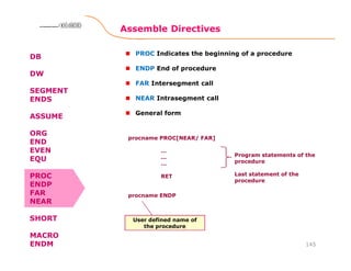 Assemble Directives
145
8086 Microprocessor8086 Microprocessor8086 Microprocessor8086 Microprocessor
DB
DW
SEGMENT
ENDS
ASSUME
ORG
END
EVEN
EQU
PROC
ENDP
FAR
NEAR
SHORT
MACRO
ENDM
PROC Indicates the beginning of a procedure
ENDP End of procedure
FAR Intersegment call
NEAR Intrasegment call
General form
procname PROC[NEAR/ FAR]
…
…
…
RET
procname ENDP
Program statements of the
procedure
Last statement of the
procedure
User defined name of
the procedure
 