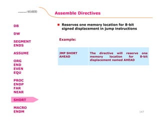 Assemble Directives
147
8086 Microprocessor8086 Microprocessor8086 Microprocessor8086 Microprocessor
DB
DW
SEGMENT
ENDS
ASSUME
ORG
END
EVEN
EQU
PROC
ENDP
FAR
NEAR
SHORT
MACRO
ENDM
Reserves one memory location for 8-bit
signed displacement in jump instructions
JMP SHORT
AHEAD
The directive will reserve one
memory location for 8-bit
displacement named AHEAD
Example:
 