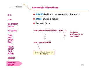 Assemble Directives
148
8086 Microprocessor8086 Microprocessor8086 Microprocessor8086 Microprocessor
DB
DW
SEGMENT
ENDS
ASSUME
ORG
END
EVEN
EQU
PROC
ENDP
FAR
NEAR
SHORT
MACRO
ENDM
MACRO Indicate the beginning of a macro
ENDM End of a macro
General form:
macroname MACRO[Arg1, Arg2 ...]
…
…
…
macroname ENDM
Program
statements in
the macro
User defined name of
the macro
 