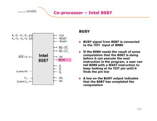 Co-processor – Intel 8087
168
8086 Microprocessor8086 Microprocessor8086 Microprocessor8086 Microprocessor
BUSY
 