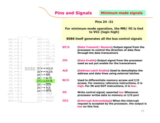 Pins and Signals
(Data Transmit/ Receive) Output signal from the
processor to control the direction of data flow
through the data transceivers
(Data Enable) Output signal from the processor
used as out put enable for the transceivers
ALE (Address Latch Enable) Used to demultiplex the
address and data lines using external latches
Used to differentiate memory access and I/O
access. For memory reference instructions, it is
high. For IN and OUT instructions, it is low.
Write control signal; asserted low Whenever
processor writes data to memory or I/O port
(Interrupt Acknowledge) When the interrupt
request is accepted by the processor, the output is
low on this line.
19
Minimum mode signals
 