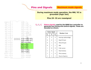 Pins and Signals
Status signals; used by the 8086 bus controller to
generate bus timing and control signals. These are
decoded as shown.
21
Maximum mode signals
 