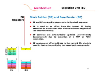 Architecture
49
EU
Registers
Stack Pointer (SP) and Base Pointer (BP)
SP and BP are used to access data in the stack segment.
SP is used as an offset from the current SS during
execution of instructions that involve the stack segment in
the external memory.
SP contents are automatically updated (incremented/
decremented) due to execution of a POP or PUSH
instruction.
BP contains an offset address in the current SS, which is
used by instructions utilizing the based addressing mode.
Execution Unit (EU)
 