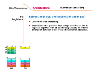 Architecture
51
EU
Registers
Source Index (SI) and Destination Index (DI)
Used in indexed addressing.
Instructions that process data strings use the SI and DI
registers together with DS and ES respectively in order to
distinguish between the source and destination addresses.
Execution Unit (EU)8086 Microprocessor8086 Microprocessor8086 Microprocessor8086 Microprocessor
 