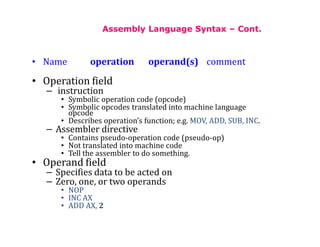 Assembly Language Syntax – Cont.
• Name operation operand(s) comment
• Operation field
– instruction
• Symbolic operation code (opcode)
• Symbolic opcodes translated into machine language
opcode
• Describes operation’s function; e.g. MOV, ADD, SUB, INC.
– Assembler directive
• Contains pseudo-operation code (pseudo-op)
• Not translated into machine code
• Tell the assembler to do something.
• Operand field
– Specifies data to be acted on
– Zero, one, or two operands
• NOP
• INC AX
• ADD AX, 2
 