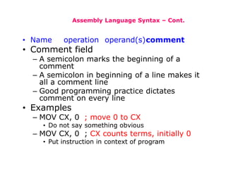 Assembly Language Syntax – Cont.
• Name operation operand(s)comment
• Comment field
– A semicolon marks the beginning of a
comment
– A semicolon in beginning of a line makes it
all a comment line
– Good programming practice dictates
comment on every line
• Examples
– MOV CX, 0 ; move 0 to CX
• Do not say something obvious
– MOV CX, 0 ; CX counts terms, initially 0
• Put instruction in context of program
 