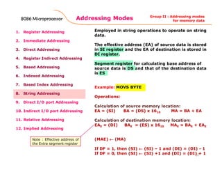 Addressing Modes
97
1. Register Addressing
2. Immediate Addressing
3. Direct Addressing
4. Register Indirect Addressing
5. Based Addressing
6. Indexed Addressing
7. Based Index Addressing
8. String Addressing
9. Direct I/O port Addressing
10. Indirect I/O port Addressing
11. Relative Addressing
12. Implied Addressing
Employed in string operations to operate on string
data.
The effective address (EA) of source data is stored
in SI register and the EA of destination is stored in
DI register.
Segment register for calculating base address of
source data is DS and that of the destination data
is ES
Example: MOVS BYTE
Operations:
Calculation of source memory location:
EA = (SI) BA = (DS) x 1610 MA = BA + EA
Calculation of destination memory location:
EAE = (DI) BAE = (ES) x 1610 MAE = BAE + EAE
(MAE) ←←←← (MA)
If DF = 1, then (SI) ←←←← (SI) – 1 and (DI) = (DI) - 1
If DF = 0, then (SI) ←←←← (SI) +1 and (DI) = (DI) + 1
Group II : Addressing modes
for memory data
Note : Effective address of
the Extra segment register
8086 Microprocessor8086 Microprocessor8086 Microprocessor8086 Microprocessor
 