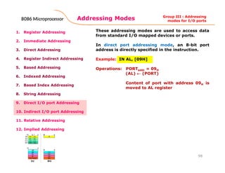 Addressing Modes
1. Register Addressing
2. Immediate Addressing
3. Direct Addressing
4. Register Indirect Addressing
5. Based Addressing
6. Indexed Addressing
7. Based Index Addressing
8. String Addressing
9. Direct I/O port Addressing
10. Indirect I/O port Addressing
11. Relative Addressing
12. Implied Addressing
These addressing modes are used to access data
from standard I/O mapped devices or ports.
In direct port addressing mode, an 8-bit port
address is directly specified in the instruction.
Example: IN AL, [09H]
Operations: PORTaddr = 09H
(AL) ←←←← (PORT)
Content of port with address 09H is
moved to AL register
In indirect port addressing mode, the instruction
will specify the name of the register which holds
the port address. In 8086, the 16-bit port address
is stored in the DX register.
Example: OUT [DX], AX
Operations: PORTaddr = (DX)
(PORT) ←←←← (AX)
Content of AX is moved to port
whose address is specified by DX
register. 98
Group III : Addressing
modes for I/O ports8086 Microprocessor8086 Microprocessor8086 Microprocessor8086 Microprocessor
 