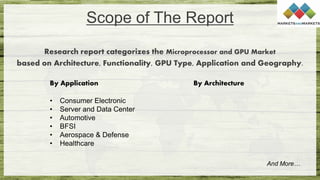 Scope of The Report
Research report categorizes the Microprocessor and GPU Market
based on Architecture, Functionality, GPU Type, Application and Geography.
And More…
By Application
• Consumer Electronic
• Server and Data Center
• Automotive
• BFSI
• Aerospace & Defense
• Healthcare
By Architecture
 