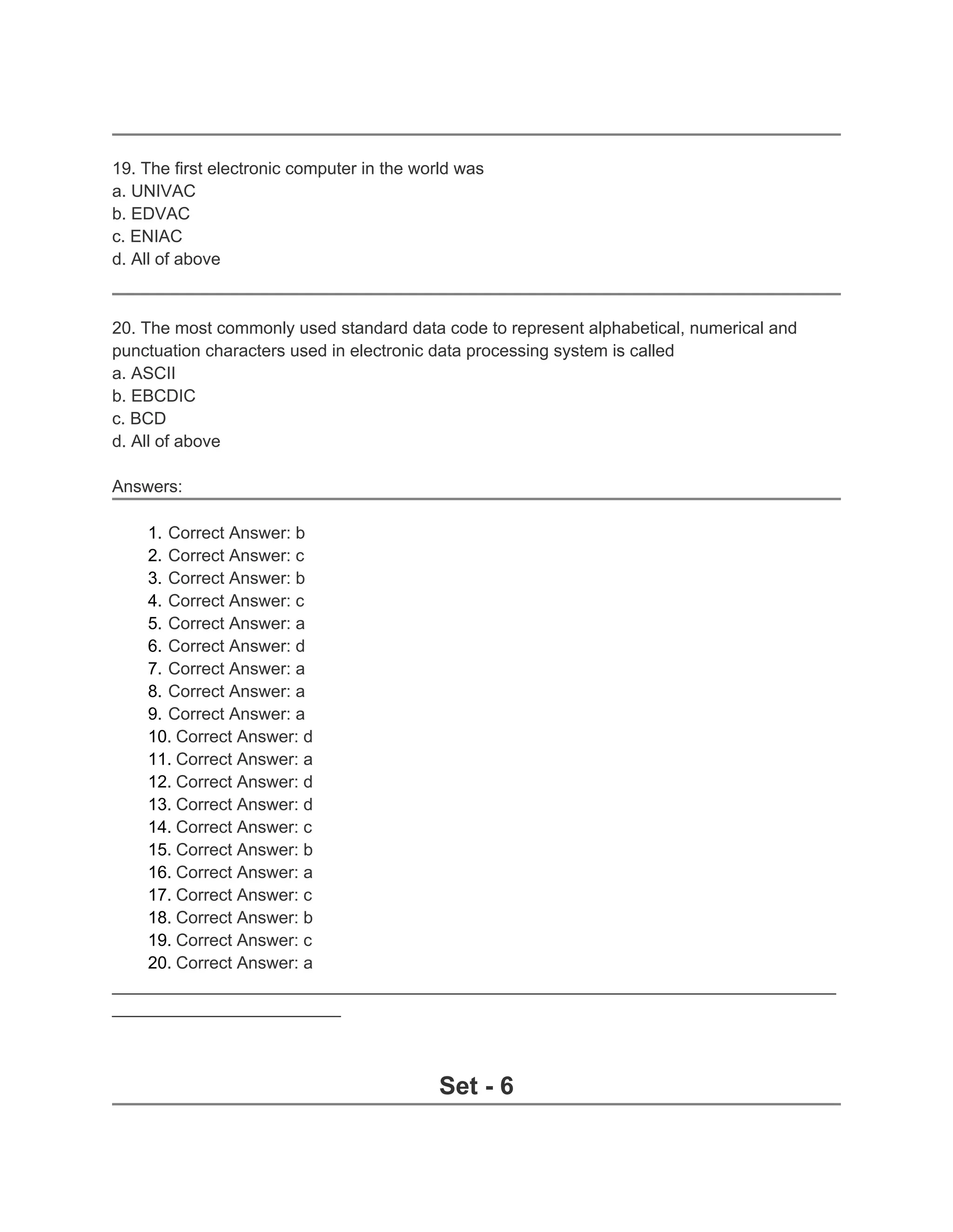19. The first electronic computer in the world was
a. UNIVAC
b. EDVAC
c. ENIAC
d. All of above
20. The most commonly used standard data code to represent alphabetical, numerical and
punctuation characters used in electronic data processing system is called
a. ASCII
b. EBCDIC
c. BCD
d. All of above
Answers:
1. Correct Answer: b
2. Correct Answer: c
3. Correct Answer: b
4. Correct Answer: c
5. Correct Answer: a
6. Correct Answer: d
7. Correct Answer: a
8. Correct Answer: a
9. Correct Answer: a
10. Correct Answer: d
11. Correct Answer: a
12. Correct Answer: d
13. Correct Answer: d
14. Correct Answer: c
15. Correct Answer: b
16. Correct Answer: a
17. Correct Answer: c
18. Correct Answer: b
19. Correct Answer: c
20. Correct Answer: a
____________________________________________________________________________
________________________
Set - 6
 
