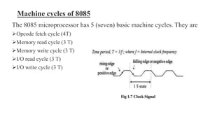Machine cycles of 8085
The 8085 microprocessor has 5 (seven) basic machine cycles. They are
Opcode fetch cycle (4T)
Memory read cycle (3 T)
Memory write cycle (3 T)
I/O read cycle (3 T)
I/O write cycle (3 T)
 