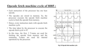 Opcode fetch machine cycle of 8085 :
• Each instruction of the processor has one byte
opcode.
• The opcodes are stored in memory. So, the
processor executes the opcode fetch machine
cycle to fetch the opcode from memory.
• Hence, every instruction starts with opcode fetch
machine cycle.
• The time taken by the processor to execute the
opcode fetch cycle is 4T.
• In this time, the first, 3 T-states are used for
fetching the opcode from memory and the
remaining T-states are used for internal
operations by the processor.
 