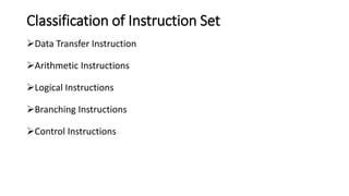 Classification of Instruction Set
Data Transfer Instruction
Arithmetic Instructions
Logical Instructions
Branching Instructions
Control Instructions
 