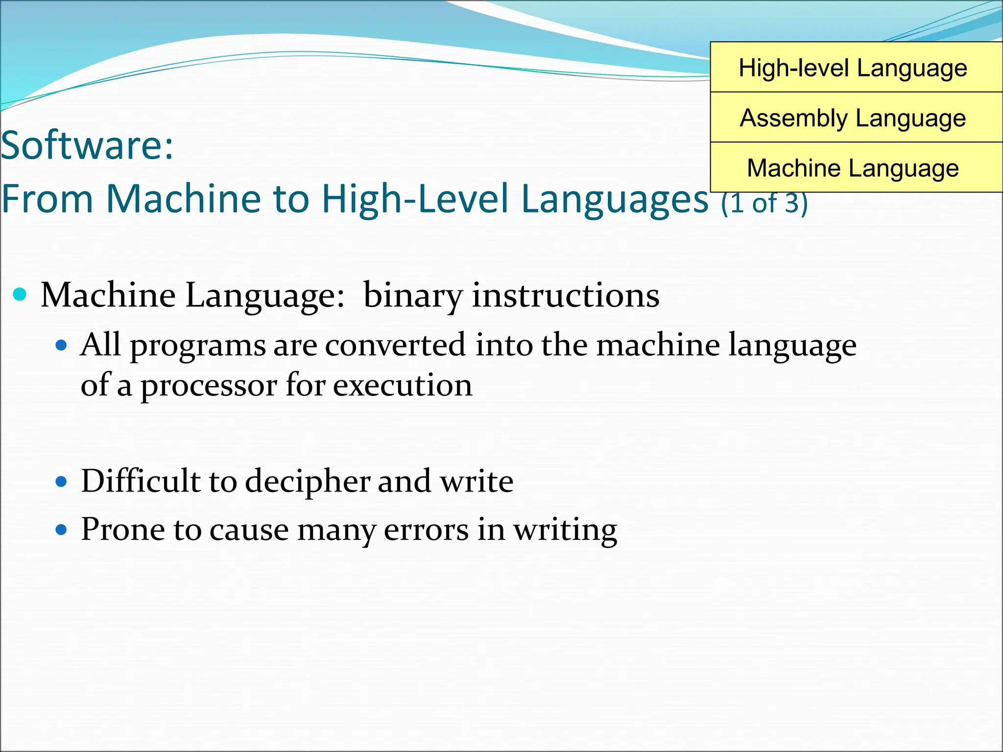 Software:
From Machine to High-Level Languages (1 of 3)
 Machine Language: binary instructions
 All programs are converted into the machine language
of a processor for execution
 Difficult to decipher and write
 Prone to cause many errors in writing
Machine Language
Assembly Language
High-level Language
 