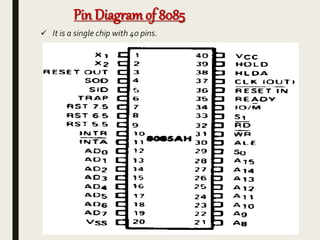 Pin Diagramof 8085
 It is a single chip with 40 pins.
 