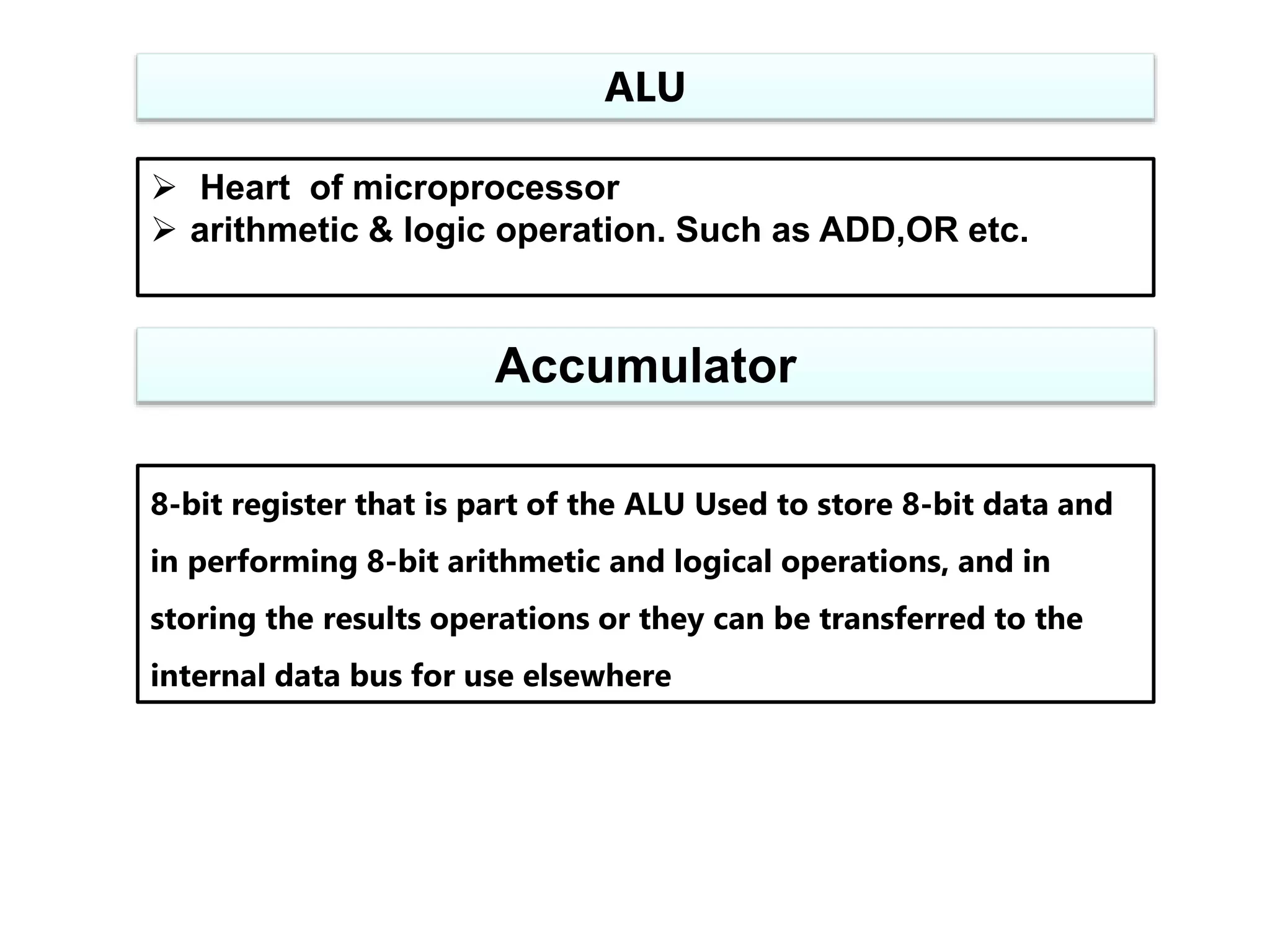 ALU
 Heart of microprocessor
 arithmetic & logic operation. Such as ADD,OR etc.
Accumulator
8-bit register that is part of the ALU Used to store 8-bit data and
in performing 8-bit arithmetic and logical operations, and in
storing the results operations or they can be transferred to the
internal data bus for use elsewhere
 