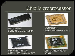 AMD ID8086B
5 MHz, 40-pin ceramic DIP
Intel NG80386SX-25
25 MHz, 100-pin plastic QFP
Intel C80286-4
4 MHz, 68-pin ceramic LCC
Cyrix Cx486DX-V33QP
33 MHz
 