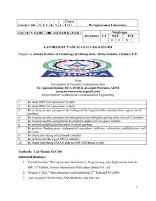 1
LABORATORY MANUAL OF EEC456 & EEE454
Prepared at Ashoka Institute of Technology & Management, Aktha, Sarnath, Varanasi, U.P.
With
Participation & Valuable Contributions from
Er. Anupam Kumar, ECE, HOD & Assistant Professor, AITM
(anupamkumarmtec@gmail.com)
Department of Electronics & Communication Engineering
1 To study 8085 microprocessor System
2 To study 8086 microprocessor System
3 To develop and run a program for finding out the largest/smallest number from a given set of
numbers.
4 To develop and run a program for arranging in ascending/descending order of a set of numbers
5 To develop and run a programme to compute square root of a given number
6 To perform multiplication/division of given numbers
7 To perform floating point mathematical operations (addition, subtraction, multiplication and
division)
8 To obtain interfacing of keyboard controller
9 To perform interfacing of DMA controller
10 To obtain interfacing of RAM chip to 8085/8086 based system
Textbook: Lab Manual EEC456
Additional Readings:
1. Ramesh Gaonkar,”Microprocessor Architecture, Programming, and Applications with the
8051, 5th
Edition, Penram International Publication (India) Pvt. Ltd.
2. Douglas V. Hail,” Microprocessor and Interfacing,”2nd
Edition,TMH,2006
3. User’s Guide (XPO 85/SW), ANSHUMAN Tech Pvt. Ltd.
Course Code: E E C 4 5 6
Course
Title: Microprocessors Laboratory
FACULTY NAME MR. ANUPAM KUMAR
Attendance
Weightages
CA MTE ETE
0 0 0
 