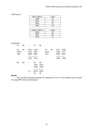 EE0310-Microprocessor & Microcontroller Lab
25
With borrow
Input Address Value
4800 05
4801 06
4802 07
4803 08
Output Address Value
4804 02
4805 02
4806 01
Calculation
05 06 - 07 08
05 06 0101 0110 07 08 0111 1000
CMA 1010 1001 CMA 1000 0111
ADI 0000 0001 ACI 0000 0001
--------------- --------------
1010 1010 1000 1000
05 06 + 07 08
1010 1010
1000 1000
---------------
(1) 0010 0010
02 02
Result:
The assembly language program for subtraction of two 16 bit numbers was executed
by using 8085 micro processing kit.
 