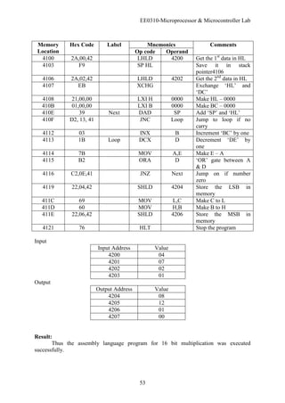 EE0310-Microprocessor & Microcontroller Lab
53
Memory
Location
Hex Code Label Mnemonics Comments
Op code Operand
4100 2A,00,42 LHLD 4200 Get the 1st
data in HL
4103 F9 SP HL Save it in stack
pointer4106
4106 2A,02,42 LHLD 4202 Get the 2nd
data in HL
4107 EB XCHG Exchange ‘HL’ and
‘DC’
4108 21,00,00 LXI H 0000 Make HL – 0000
410B 01,00,00 LXI B 0000 Make BC – 0000
410E 39 Next DAD SP Add ‘SP’ and ‘HL’
410F D2, 13, 41 JNC Loop Jump to loop if no
carry
4112 03 INX B Increment ‘BC’ by one
4113 1B Loop DCX D Decrement ‘DE’ by
one
4114 7B MOV A,E Make E – A
4115 B2 ORA D ‘OR’ gate between A
& D
4116 C2,0E,41 JNZ Next Jump on if number
zero
4119 22,04,42 SHLD 4204 Store the LSB in
memory
411C 69 MOV L,C Make C to L
411D 60 MOV H,B Make B to H
411E 22,06,42 SHLD 4206 Store the MSB in
memory
4121 76 HLT Stop the program
Input
Input Address Value
4200 04
4201 07
4202 02
4203 01
Output
Output Address Value
4204 08
4205 12
4206 01
4207 00
Result:
Thus the assembly language program for 16 bit multiplication was executed
successfully.
 